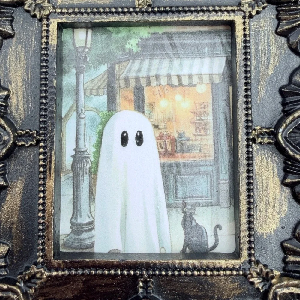 Miniature Ghost and Black Cat Art Print Ornate Gold Baroque Frame 3.5x3.25‎